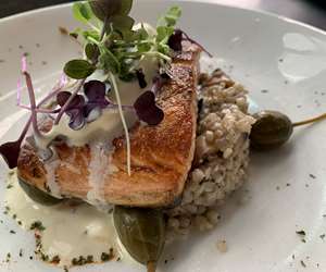 Faroe Island Salmon over trahana (sourdough pasta)
